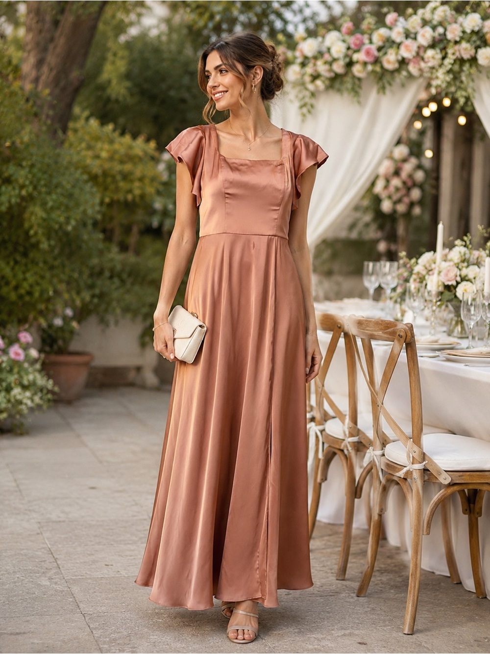 Azazie Satin Flutter Sleeve Bridesmaid Dress Size 4 Champagne Formal Gown